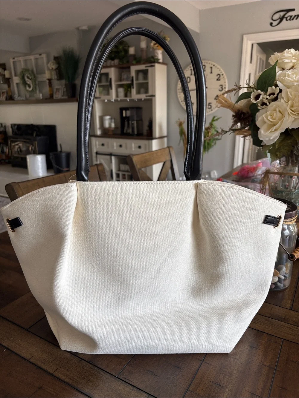 Anthropologie Ivory Tote with Black Trim and Handles